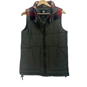 Nineteen Ninety One‎ Vest Mens M Olive/plaid Polyester Hooded Full Zip Pockets